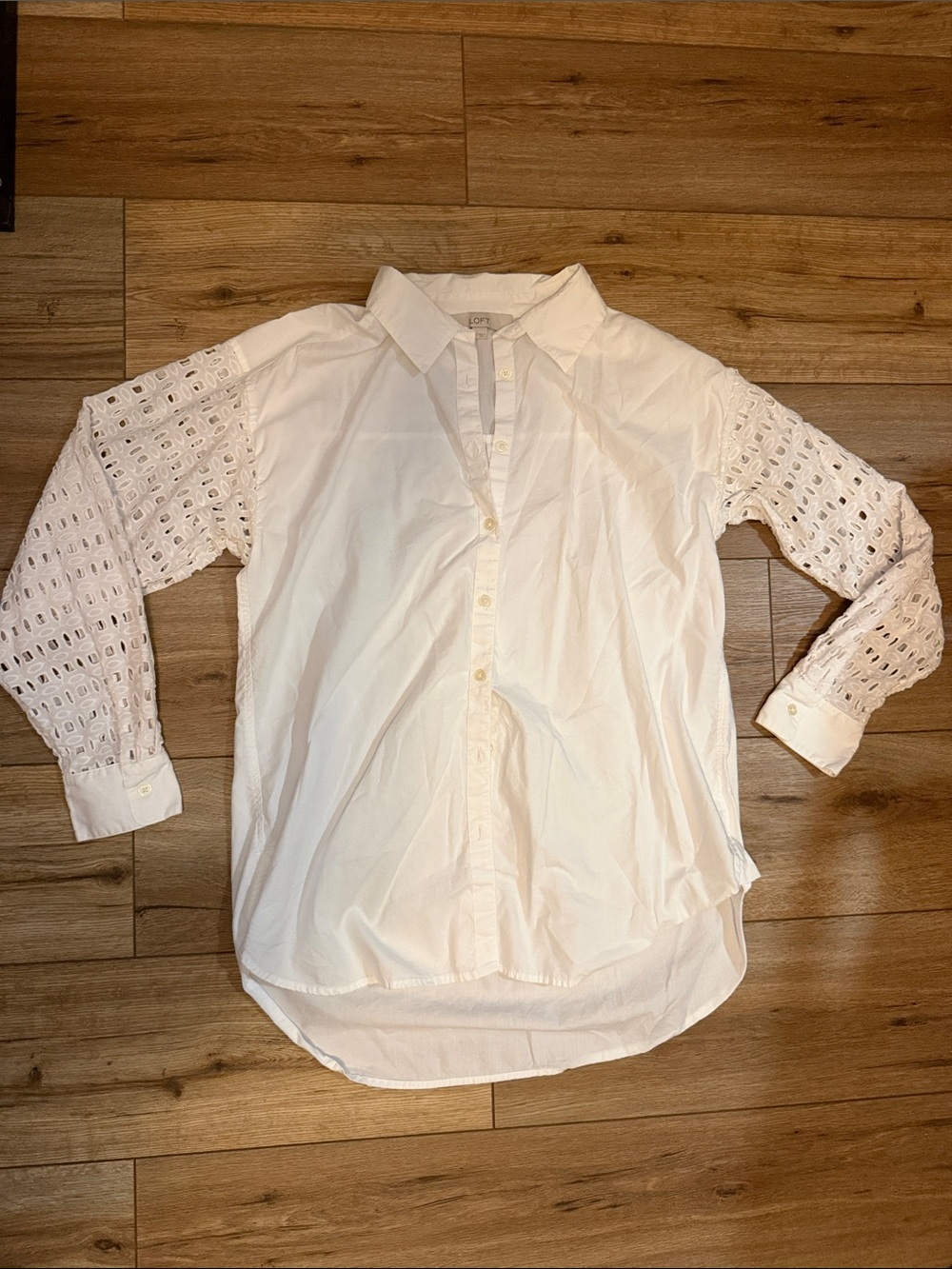 LOFT White Button-Down Shirt with Eyelet Lace Sleeves